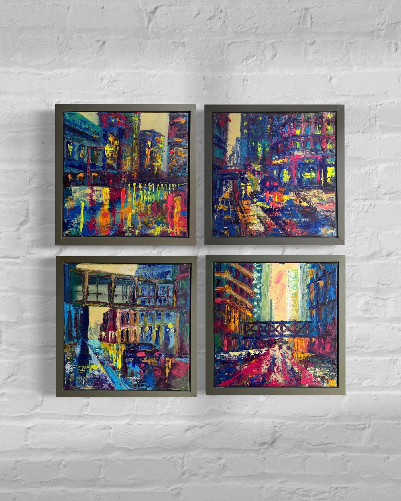Wet Streets & Dancing Lights - 28”W x 28”H Quadiptych
